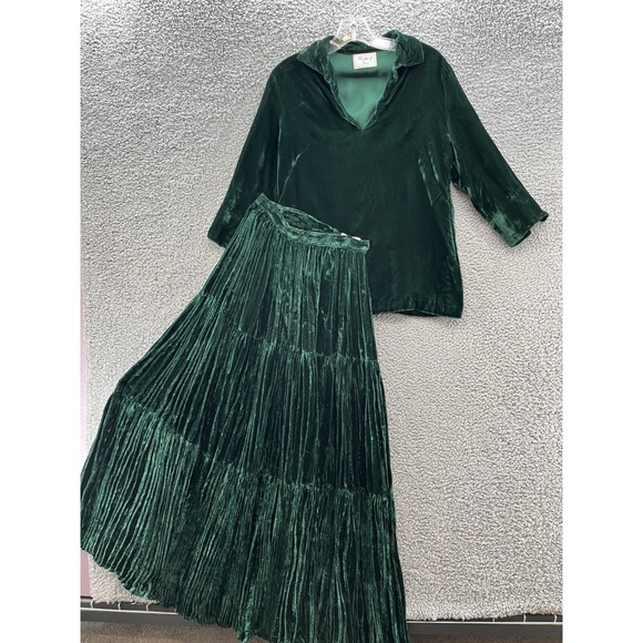 VTG Martha of Taos Skirt Top Set Women XS Green Velvet Broom Skirt Western Boho